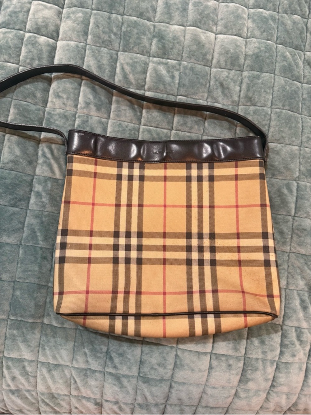 Burberry Tan Plaid Shoulder Bag with Dark Brown Trim